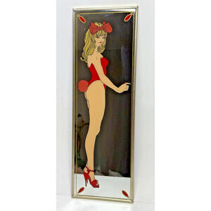 Vtg Playboy Style Pin Up Mirror Made in Japan Red Bunny Blonde Girl Heels Décor